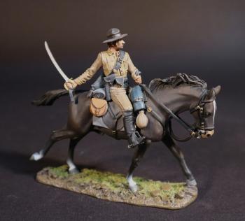 Image of Confederate Cavalryman (gray shirt, tan horse), Cavalry Division, The Army of Northern Virginia, The Battle of Brandy Station, June 9th, 1863, The American Civil War, 1861-1865--single mounted figure with sword pointing up and behind