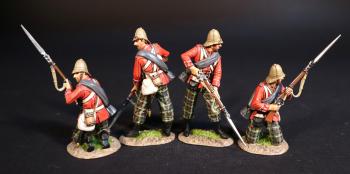 Image of Four British Infantry Highlanders (standing rifle pointed downward, kneeling ready), 91st Regiment (Princess Louise's Argyll Shire Highlanders), Eschowe Relief Column, Battle of Gingindhlovu--four figures