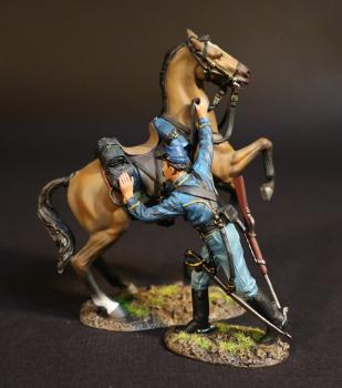 Image of Dismounted Trooper About to Mount Light Brown Horse, Union Cavalry Corps, The Army of the Potomac, The Battle of Brandy Station, June 9th, 1863, The American Civil War, 1861-1865--single figure and rearing horse