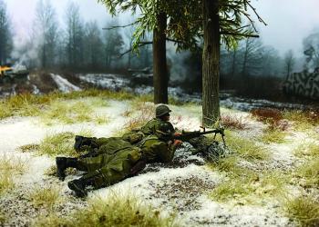 Image of "Suppressing Fire" 101st Airborne Machine Gun Team Firing .30Cal M1919--two figures and gun mounted on base