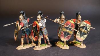 Image of Four Celtibarian Scutarius (2 in red tunics, 2 in tan tunics), The Carthaginians, The Battle of Zama, 202 BCE, Armies and Enemies of Ancient Rome--four figures with spear & oval shield ready to thrust to thrust at shoulder level