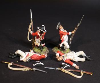 Image of Four British Marine Casualties (2 lying dead, 2 kneeling shot), The Assault on the Redoubt at Breeds Hill, The Battle of Bunker Hill, June 17th 1775, The American War of Independence, 1775–1783--four figures, 2 hats, 2 muskets