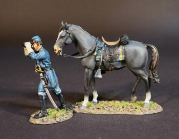 Image of Officer with Binoculars and Horse, Union Cavalry Corps, The Army of the Potomac, The Battle of Brandy Station, June 9th, 1863, The American Civil War, 1861-1865--single standing figure and standing horse