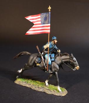 Image of Standard Bearer (black horse), Union Cavalry, Cavalry Corps, The Army of the Potomac, The Battle of Brandy Station, June 9th, 1863, The American Civil War, 1861-1865--single mounted figure carrying Stars and Stripes