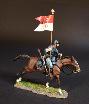 Image of Standard Bearer (dark brown horse), 2nd U.S. Cavalry Regiment, Union Cavalry Corps, The Army of the Potomac, The Battle of Brandy Station, June 9th, 1863, The American Civil War, 1861-1865--single figure with regimental guidon