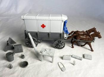 Image of Red Cross Ambulance--wagon body (gray) w/2 different (gray) tops and driver (blue) (54mm)--LAST ONE!!