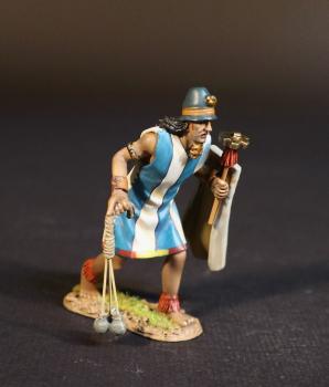 Image of Colla Warrior with Bolas (tunic with wide, vertical blue & white stripes), The Inca Empire, The Conquest of America--single figure with bolas and shield