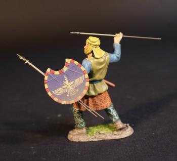 Image of Kardake Light Infantry (yellow & blue tunic, purple shield), The Achaemenid Persian Empire, Armies and Enemies of Ancient Greece and Macedonia--single figure with javelin raised to throw and crescent-shaped shield & two more javelins