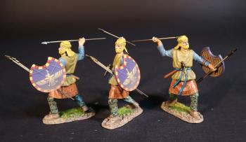 Three Kardake Light Infantrymen (yellow & blue tunic, purple shield), The Achaemenid Persian Empire, Armies and Enemies of Ancient Greece and Macedonia--three figures with javelins raised to throw and crescent-shaped shields & two additional javelins Three Kardake Light Infantrymen (yellow & blue tunic, purple shield), The Achaemenid Persian Empire, Armies and Enemies of Ancient Greece and Macedonia--three figures with javelins raised to throw and crescent-shaped shields & two additional javelins #50425