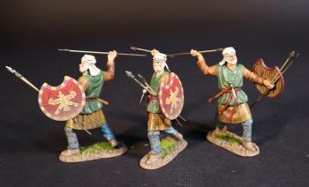 Three Kardake Light Infantrymen (green & red tunic, red shield), The Achaemenid Persian Empire, Armies and Enemies of Ancient Greece and Macedonia--three figures with javelins raised to throw and crescent-shaped shields & two additional javelins Three Kardake Light Infantrymen (green & red tunic, red shield), The Achaemenid Persian Empire, Armies and Enemies of Ancient Greece and Macedonia--three figures with javelins raised to throw and crescent-shaped shields & two additional javelins #50426