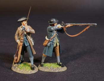 Two Minutemen (standing firing (blue coat), standing ramming (tan coat)), The American Army, The Assault on the Redoubt at Breeds Hill, The Battle of Bunker Hill, June 17th 1775, The American War of Independence, 1775–1783--two figures Two Minutemen (standing firing (blue coat), standing ramming (tan coat)), The American Army, The Assault on the Redoubt at Breeds Hill, The Battle of Bunker Hill, June 17th 1775, The American War of Independence, 1775–1783--two figures #50435