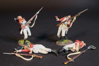 Image of Four British Marine Casualties (2 falling, 2 prone), British Marines, The Assault on the Redoubt at Breeds Hill, The Battle of Bunker Hill, June 17th 1775, The American War of Independence, 1775–1783--four figures, two hats, two muskets