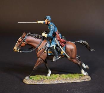 Image of Officer with Sword Pointed Forward (blue blanket with yellow stripes), Union Cavalry Corps, The Army of the Potomac, The Battle of Brandy Station, June 9th, 1863, The American Civil War, 1861-1865--single mounted figure