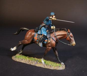 Image of Officer with Sword Pointed Forward (blue blanket with red stripes, 2nd U.S. Cavalry Regiment, Union Cavalry Corps, The Army of the Potomac, The Battle of Brandy Station, June 9th, 1863, The American Civil War, 1861-1865--single mounted figure