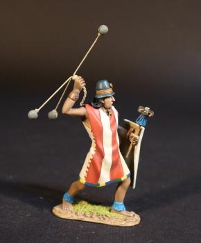 Image of Colla Warrior with Spinning Bolas (tunic with wide, vertical red & white stripes), The Inca Empire, The Conquest of America--single figure with bolas and shield