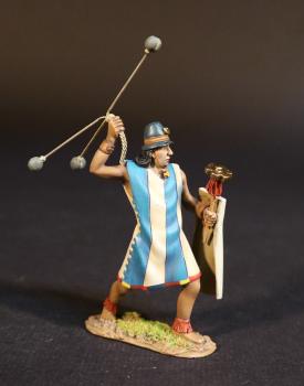 Image of Colla Warrior with Spinning Bolas (tunic with wide, vertical blue & white stripes), The Inca Empire, The Conquest of America--single figure with bolas and shield