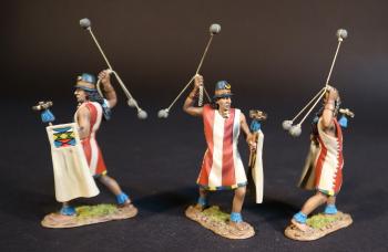 Three Colla Warriors with Spinning Bolas (tunic with wide, vertical red & white stripes), The Inca Empire, The Conquest of America--three figures with bolas and shields Three Colla Warriors with Spinning Bolas (tunic with wide, vertical red & white stripes), The Inca Empire, The Conquest of America--three figures with bolas and shields #50625