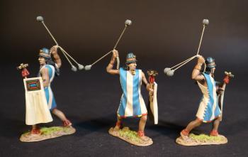 Image of Three Colla Warriors with Spinning Bolas (tunic with wide, vertical blue & white stripes), The Inca Empire, The Conquest of America--three figures with bolas and shields