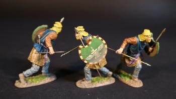 Three Kardake Light Infantry (orange & blue tunic, green shield), The Achaemenid Persian Empire, Armies and Enemies of Ancient Greece and Macedonia--three running figures with javelin and crescent-shaped shield & one more javelin Three Kardake Light Infantry (orange & blue tunic, green shield), The Achaemenid Persian Empire, Armies and Enemies of Ancient Greece and Macedonia--three running figures with javelin and crescent-shaped shield & one more javelin #50631