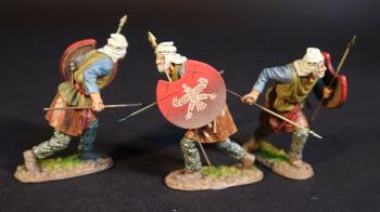 Three Kardake Light Infantry (yellow & blue tunic, purple shield), The Achaemenid Persian Empire, Armies and Enemies of Ancient Greece and Macedonia--three running figures with javelin and crescent-shaped shield & one more javelin Three Kardake Light Infantry (yellow & blue tunic, purple shield), The Achaemenid Persian Empire, Armies and Enemies of Ancient Greece and Macedonia--three running figures with javelin and crescent-shaped shield & one more javelin #50632