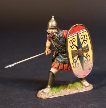 Image of Celtibarian Scutarii (red tunic), The Carthaginians, The Battle of Zama, 202 BCE, Armies and Enemies of Ancient Rome--single figure with oval shield preparing to thrust spear underhanded