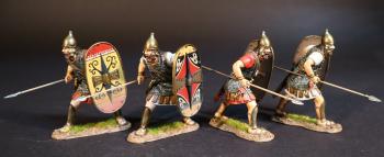 Image of Four Celtibarian Scutarius (2 in red tunics, 2 in white tunics), The Carthaginians, The Battle of Zama, 202 BCE, Armies and Enemies of Ancient Rome--four figures with oval shields preparing to thrust spears underhanded