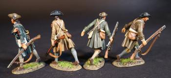 Image of Four Minutemen (2 walking, musket in right hand; 2 walking holding left shoulder, musket in left hand), The American Army, The Assault on the Redoubt at Breeds Hill, The Battle of Bunker Hill, June 17th 1775, AWI, 1775–1783--four figures