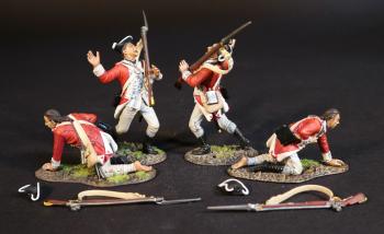 Image of Four British Marine Casualties (2 standing shot; 2 on hands & knees), British Marines, The Assault on the Redoubt at Breeds Hill, The Battle of Bunker Hill, June 17th 1775, The American War of Independence, 1775–1783--four figures, two hats, two musket