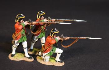 Three Infantrymen (two standing firing, one kneeling firing), Lally's (Irish) Regiment, The French Army, The Battle of Wandewash, The Third Carnatic War, 22nd January 1760, The Seven Years War, 1756-1763--three figures Three Infantrymen (two standing firing, one kneeling firing), Lally's (Irish) Regiment, The French Army, The Battle of Wandewash, The Third Carnatic War, 22nd January 1760, The Seven Years War, 1756-1763--three figures #50644