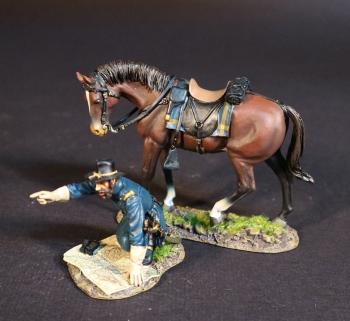 Image of Officer with Map of Virginia, Union Cavalry Corps, The Army of the Potomac, The Battle of Brandy Station, June 9th, 1863, ACW, 1861-1865--single kneeling figure with spread map and standing horse