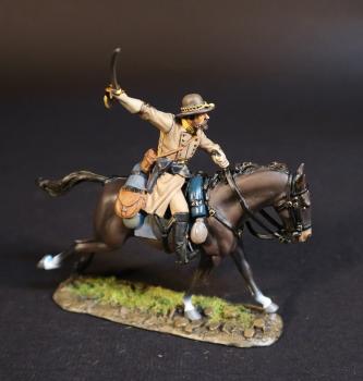 Image of Confederate Cavalry Officer (tan uniform, dark brown horse), Cavalry Division, The Army of Northern Virginia, The Battle of Brandy Station, June 9th, 1863, The American Civil War, 1861-1865--single mounted figure with sword raised high behind to the right