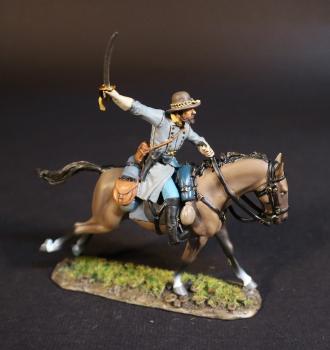 Image of Confederate Cavalry Officer (grey uniform, tan horse), Cavalry Division, The Army of Northern Virginia, The Battle of Brandy Station, June 9th, 1863, The American Civil War, 1861-1865--single mounted figure with sword raised high behind to the right