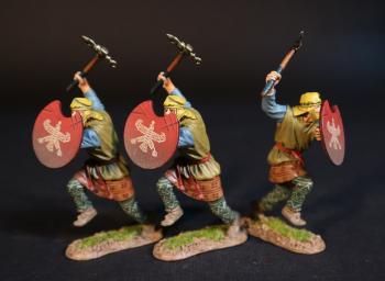 Three Kardake Light Infantrymen (beige tunic with blue sleeves, red shield), The Achaemenid Persian Empire, Armies and Enemies of Ancient Greece and Macedonia--threee figures with raised Sagaris & crescent-shaped shield, right foot in air Three Kardake Light Infantrymen (beige tunic with blue sleeves, red shield), The Achaemenid Persian Empire, Armies and Enemies of Ancient Greece and Macedonia--threee figures with raised Sagaris & crescent-shaped shield, right foot in air #50949