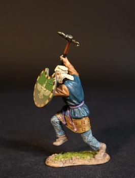 Image of Kardake Light Infantry (blue tunic with orange sleeves, green shield), The Achaemenid Persian Empire, Armies and Enemies of Ancient Greece and Macedonia--single figure with raised Sagaris & crescent-shaped shield, right foot in air--PRE-ORDERS ONLY.