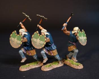 Three Kardake Light Infantry (blue tunic with orange sleeves, green shield),  The Achaemenid Persian Empire, Armies and Enemies of Ancient Greece and Macedonia--threee figures with raised Sagaris & crescent-shaped shield, right foot in air Three Kardake Light Infantry (blue tunic with orange sleeves, green shield),  The Achaemenid Persian Empire, Armies and Enemies of Ancient Greece and Macedonia--threee figures with raised Sagaris & crescent-shaped shield, right foot in air #50951