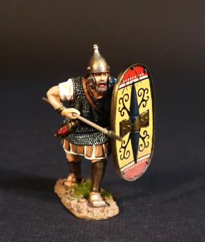 Image of Celtibarian Scutarii (white tunic), The Carthaginians, The Battle of Zama, 202 BCE, Armies and Enemies of Ancient Rome--single advancing figure with oval shield preparing to thrust spear underhand--ACCEPTING PRE-ORDERS ONLY. Image of Celtibarian Scutarii (white tunic), The Carthaginians, The Battle of Zama, 202 BCE, Armies and Enemies of Ancient Rome--single advancing figure with oval shield preparing to thrust spear underhand--ACCEPTING PRE-ORDERS ONLY.
