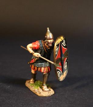 Image of Celtibarian Scutarii (red tunic), The Carthaginians, The Battle of Zama, 202 BCE, Armies and Enemies of Ancient Rome--single advancing figure with oval shield preparing to thrust spear underhand--ACCEPTING PRE-ORDERS ONLY. Image of Celtibarian Scutarii (red tunic), The Carthaginians, The Battle of Zama, 202 BCE, Armies and Enemies of Ancient Rome--single advancing figure with oval shield preparing to thrust spear underhand--ACCEPTING PRE-ORDERS ONLY.