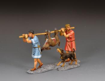 “The Boar Hunters Set"--single Roman Empire-era hunter figures carrying a dead wild boar on a pole on single base, dog figure #51025