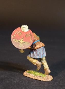 Kardake Light Infantry (orange tunic with green sleeves, red shield), The Achaemenid Persian Empire, Armies and Enemies of Ancient Greece and Macedonia--single advancing figure with lowered Sagaris & crescent shield, left foot in air #51070