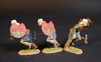 Three Kardake Light Infantrymen (orange tunic with green sleeves, red shield), The Achaemenid Persian Empire, Armies and Enemies of Ancient Greece and Macedonia--three advancing figures with lowered Sagari & crescent shields, left feet in air Three Kardake Light Infantrymen (orange tunic with green sleeves, red shield), The Achaemenid Persian Empire, Armies and Enemies of Ancient Greece and Macedonia--three advancing figures with lowered Sagari & crescent shields, left feet in air #51071