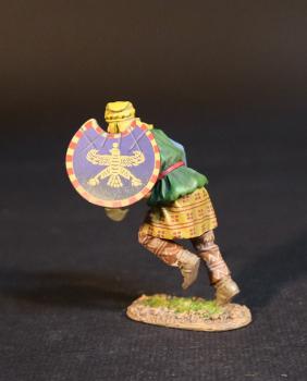 Kardake Light Infantry (green tunic with blue sleeves, blue shield), The Achaemenid Persian Empire, Armies and Enemies of Ancient Greece and Macedonia--single advancing figure with lowered Sagaris & crescent shield, left foot in air Kardake Light Infantry (green tunic with blue sleeves, blue shield), The Achaemenid Persian Empire, Armies and Enemies of Ancient Greece and Macedonia--single advancing figure with lowered Sagaris & crescent shield, left foot in air #51072