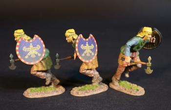 Three Kardake Light Infantrymen (green tunic with blue sleeves, blue shield), The Achaemenid Persian Empire, Armies and Enemies of Ancient Greece and Macedonia--three advancing figures with lowered Sagari & crescent shields, left feet in air Three Kardake Light Infantrymen (green tunic with blue sleeves, blue shield), The Achaemenid Persian Empire, Armies and Enemies of Ancient Greece and Macedonia--three advancing figures with lowered Sagari & crescent shields, left feet in air #51073