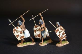 Image of Egyptian Chariot Runners (Brown and White Shield), The Battle of Kadesh, 1274 BCE, New Kingdom Egyptians, The Ancients--three running figures with javelins and white and brown cowhide shields Image of Egyptian Chariot Runners (Brown and White Shield), The Battle of Kadesh, 1274 BCE, New Kingdom Egyptians, The Ancients--three running figures with javelins and white and brown cowhide shields