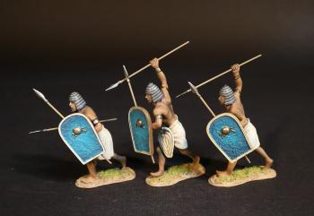 Image of Egyptian Chariot Runners (Blue Shield), The Battle of Kadesh, 1274 BCE, New Kingdom Egyptians, The Ancients--three running figures with javelins and blue shields Image of Egyptian Chariot Runners (Blue Shield), The Battle of Kadesh, 1274 BCE, New Kingdom Egyptians, The Ancients--three running figures with javelins and blue shields