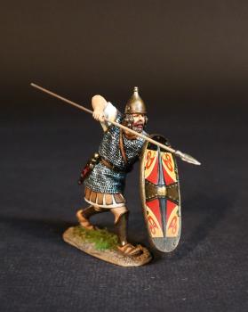 Image of Celtibarian Scutarii (white tunic), The Carthaginians, The Battle of Zama, 202 BCE, Armies and Enemies of Ancient Rome--single advancing figure with oval shield preparing to thrust spear at shoulder-height with elbow high--ACCEPTING PRE-ORDERS ONLY. Image of Celtibarian Scutarii (white tunic), The Carthaginians, The Battle of Zama, 202 BCE, Armies and Enemies of Ancient Rome--single advancing figure with oval shield preparing to thrust spear at shoulder-height with elbow high--ACCEPTING PRE-ORDERS ONLY.