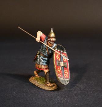 Image of Celtibarian Scutarii (red tunic), The Carthaginians, The Battle of Zama, 202 BCE, Armies and Enemies of Ancient Rome--single advancing figure with oval shield preparing to thrust spear at shoulder-height with elbow high--ACCEPTING PRE-ORDERS ONLY. Image of Celtibarian Scutarii (red tunic), The Carthaginians, The Battle of Zama, 202 BCE, Armies and Enemies of Ancient Rome--single advancing figure with oval shield preparing to thrust spear at shoulder-height with elbow high--ACCEPTING PRE-ORDERS ONLY.