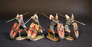 Image of Four Celtibarian Scutarii (2 red tunics, 2 white), The Carthaginians, The Battle of Zama, 202 BCE, Armies and Enemies of Ancient Rome--four advancing figures with oval shield preparing to thrust spear at shoulder-height with elbow high--PRE-ORDERS ONLY. Image of Four Celtibarian Scutarii (2 red tunics, 2 white), The Carthaginians, The Battle of Zama, 202 BCE, Armies and Enemies of Ancient Rome--four advancing figures with oval shield preparing to thrust spear at shoulder-height with elbow high--PRE-ORDERS ONLY.