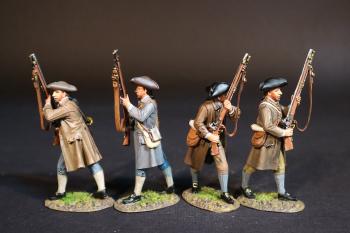 Image of Four Minutemen (2 looking left, 2 looking forward), The American Army, The Assault on the Redoubt at Breeds Hill, The Battle of Bunker Hill, June 17th 1775, AWI, 1775–1783--four figures advancing rifles pointing vertical--PRE-ORDER. Image of Four Minutemen (2 looking left, 2 looking forward), The American Army, The Assault on the Redoubt at Breeds Hill, The Battle of Bunker Hill, June 17th 1775, AWI, 1775–1783--four figures advancing rifles pointing vertical--PRE-ORDER.