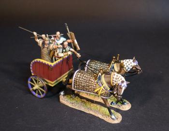 Image of Hittitte War Chariot, The Battle of Kadesh, 1274 BCE, New Kingdom Egyptians, The Ancients--three figures (javelin thrower, driver, javelin holder), two horses, & chariot