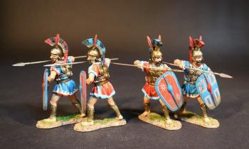 Four Samnite Warriors (2 in red tunics, 2 in blue tunics), The Samnites, Armies and Enemies of Ancient Rome--four figures with spears pointed forward at shoulder height and shields #51261